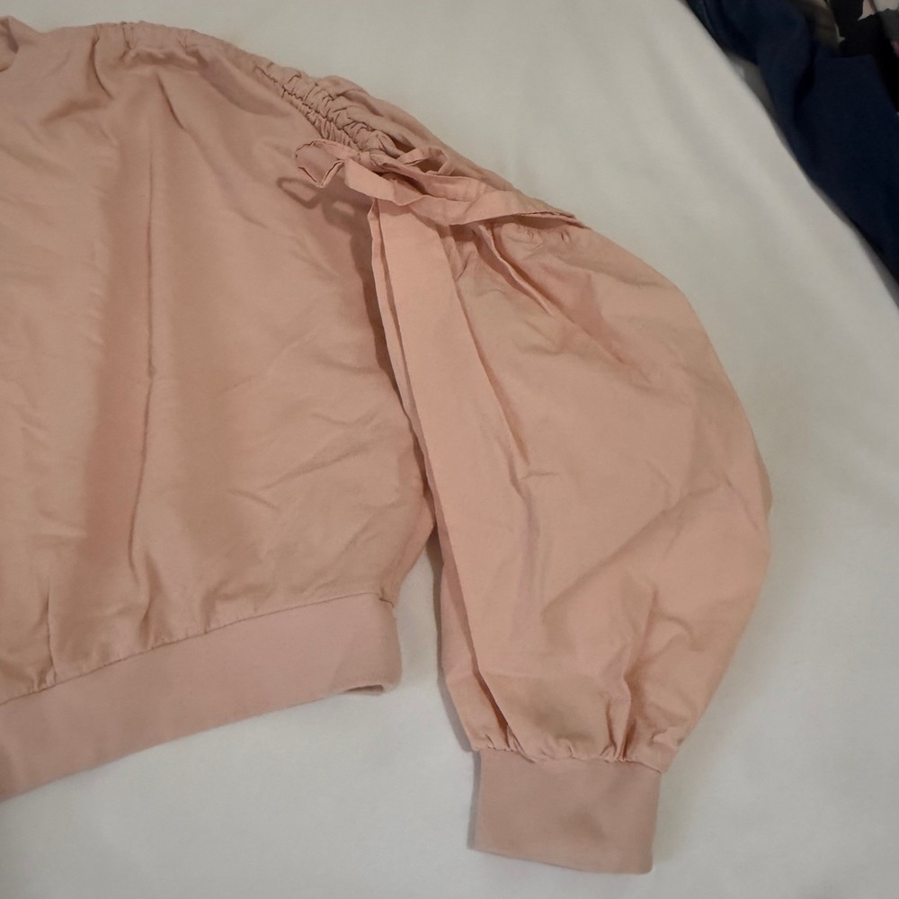 ZARA Pink Gathered Sleeve Sweatshirt Women Medium Crew Neck Casual Pullover - Picture 7 of 15